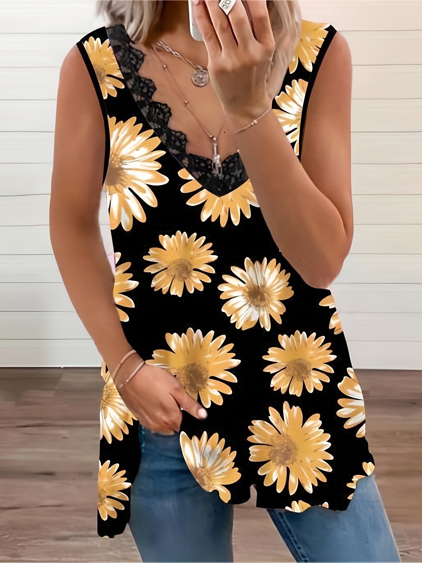  Sunflower Print Lace V Neck Tank Top