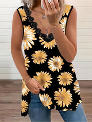  Sunflower Print Lace V Neck Tank Top