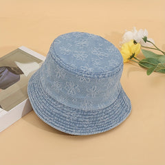 Floral Embroidery Bucket Hat Denim Washed Lightweight Fisherman Cap