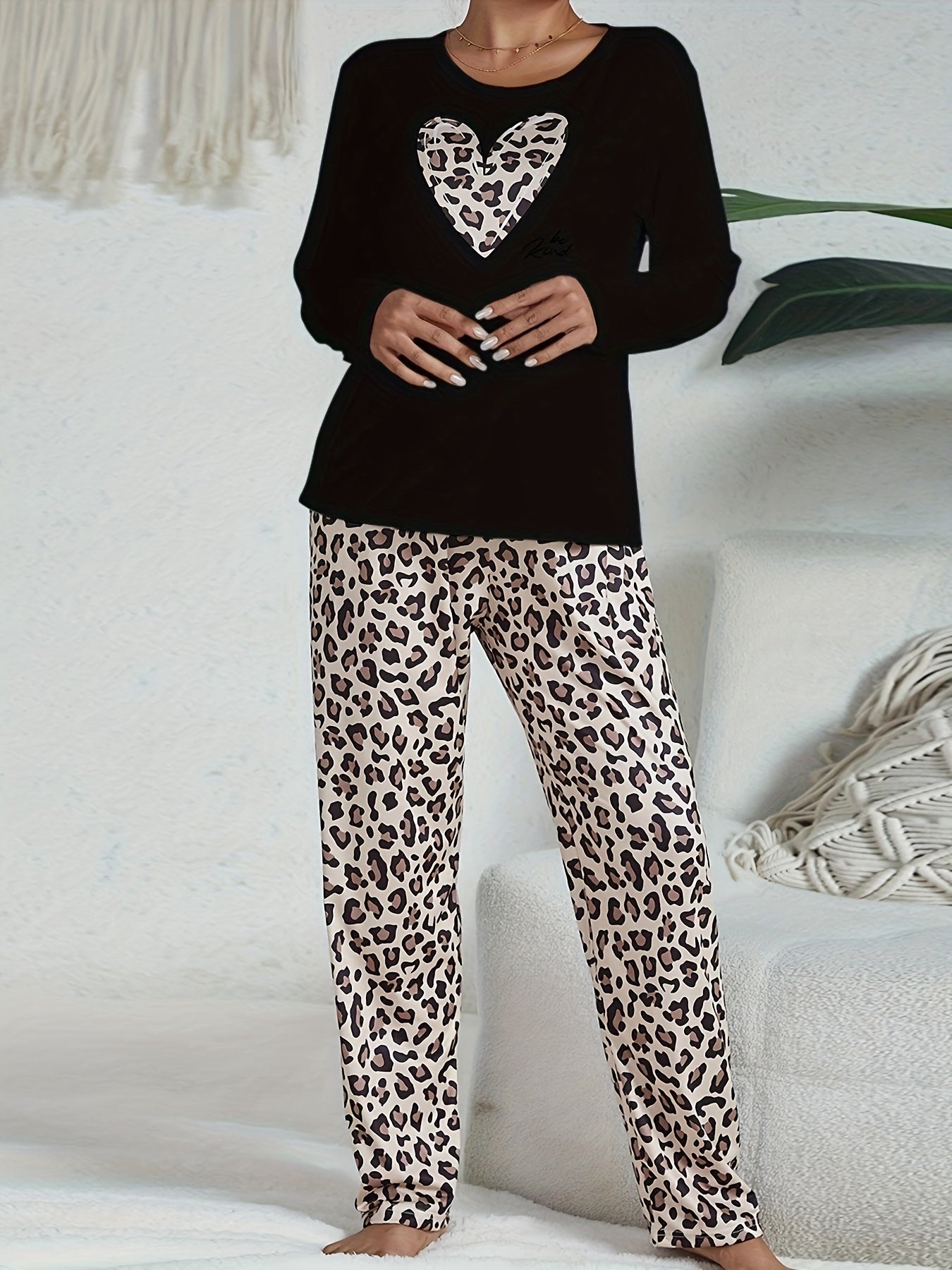 Leopard Pajama Set Long Sleeve Heart Print Top & Pants