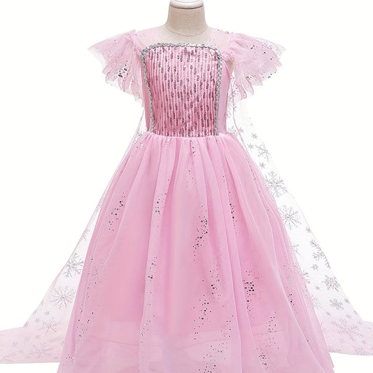 Girls Sequin Snowflake Princess Dress Sleeveless Ruffle Mesh Cape