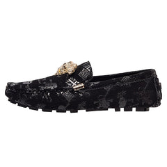 Women's Skull Metal Flat Loafers Slip On PU Leather Shoes