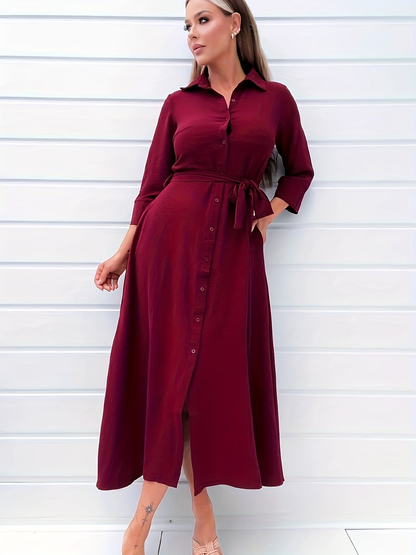  Solid Three Quarter Sleeve Maxi Dress With Belt