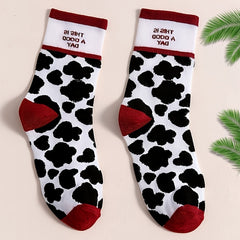 Colorblock Socks Cow Spots Print Mid Tube Socks Women's Stockings