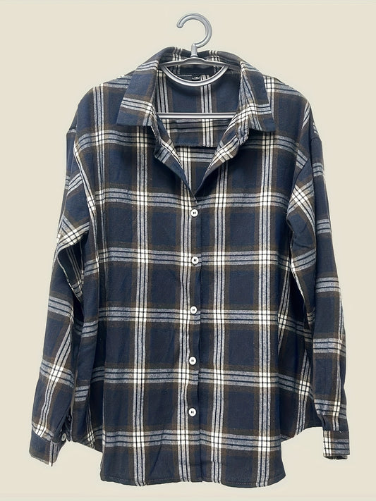  Preppy Blouse Women's Plus Plaid Print Long Sleeve Button Up Top