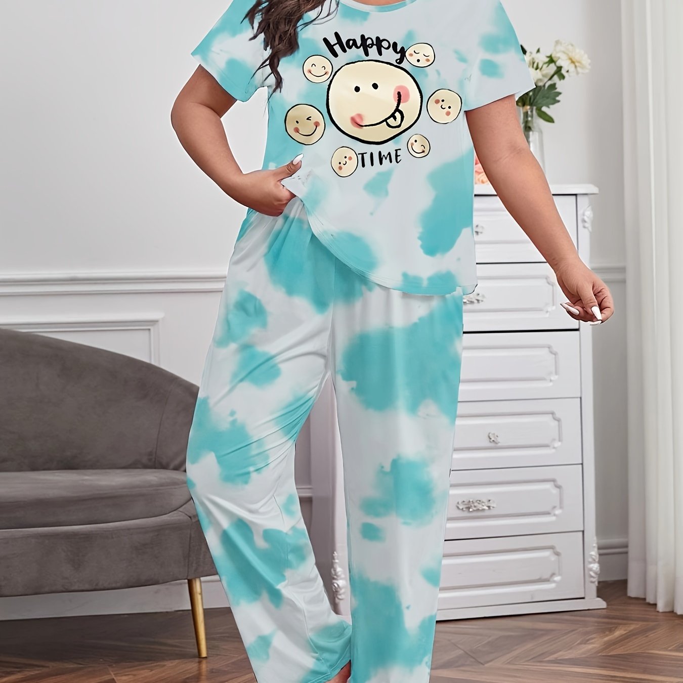  Tie Dye & Cartoon Print Pajama Set