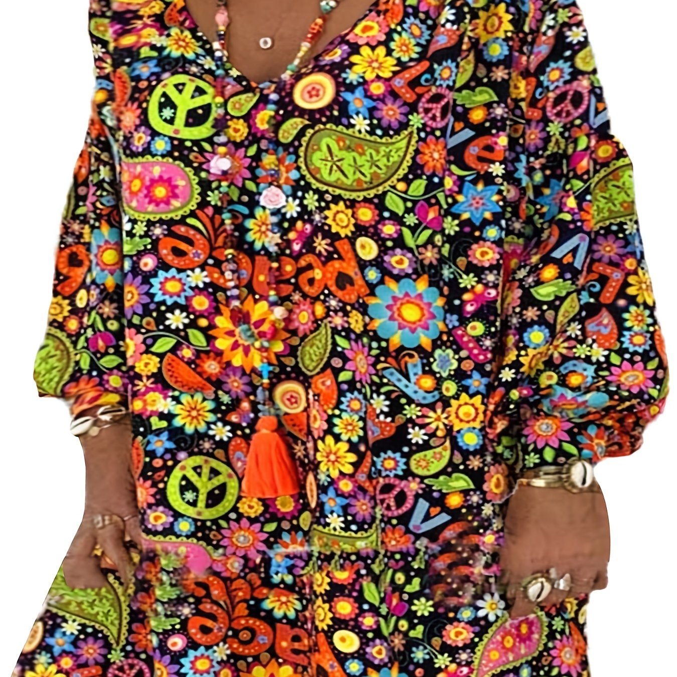 Floral Print V Neck Dress Plus Size Stretch Dress Women