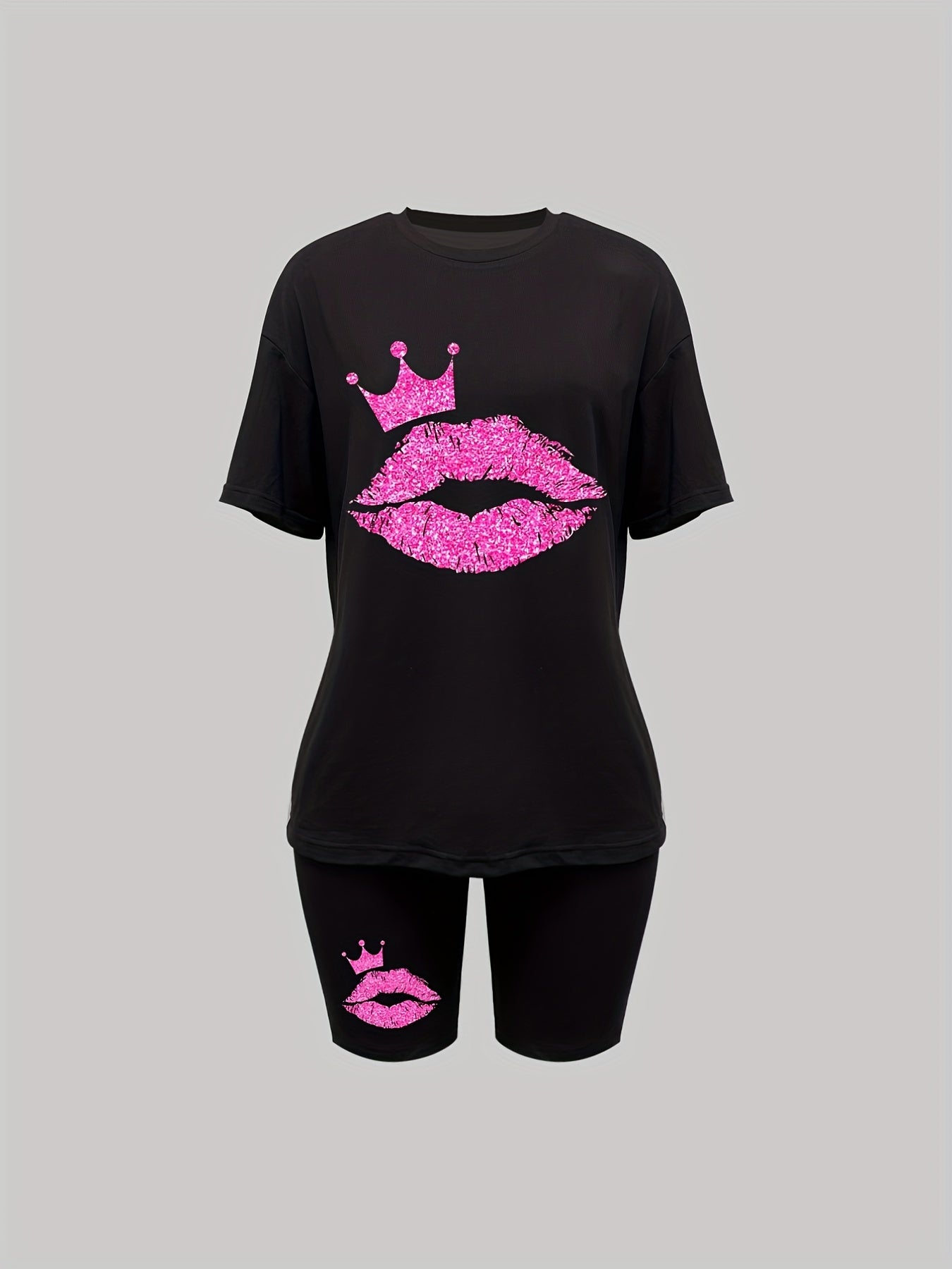 Lips Print 2pc Set Crew Neck T Shirt & Biker Shorts Women's Casual Outfit