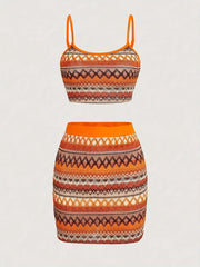 Argyle Print Casual Two-piece Set Sleeveless Crop Top & Bag Hip Skirts