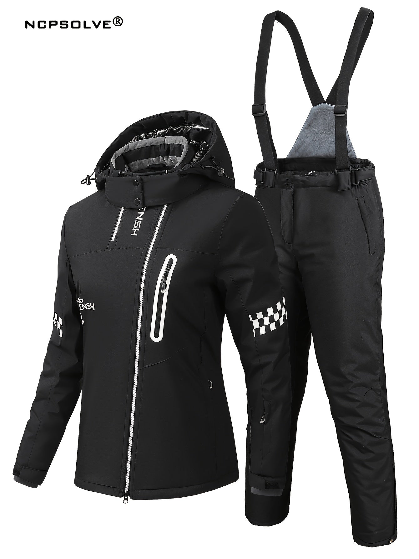 Checkerboard & Letter Print Ski Set Hooded Jacket & S