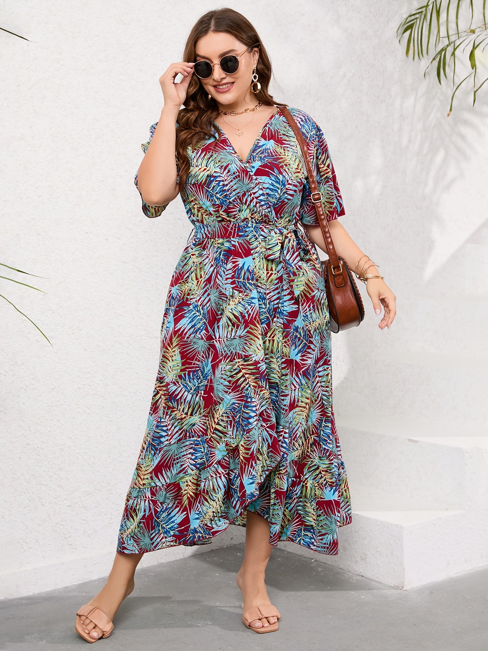  Tropical Print Maxi Wrap Dress With Belt