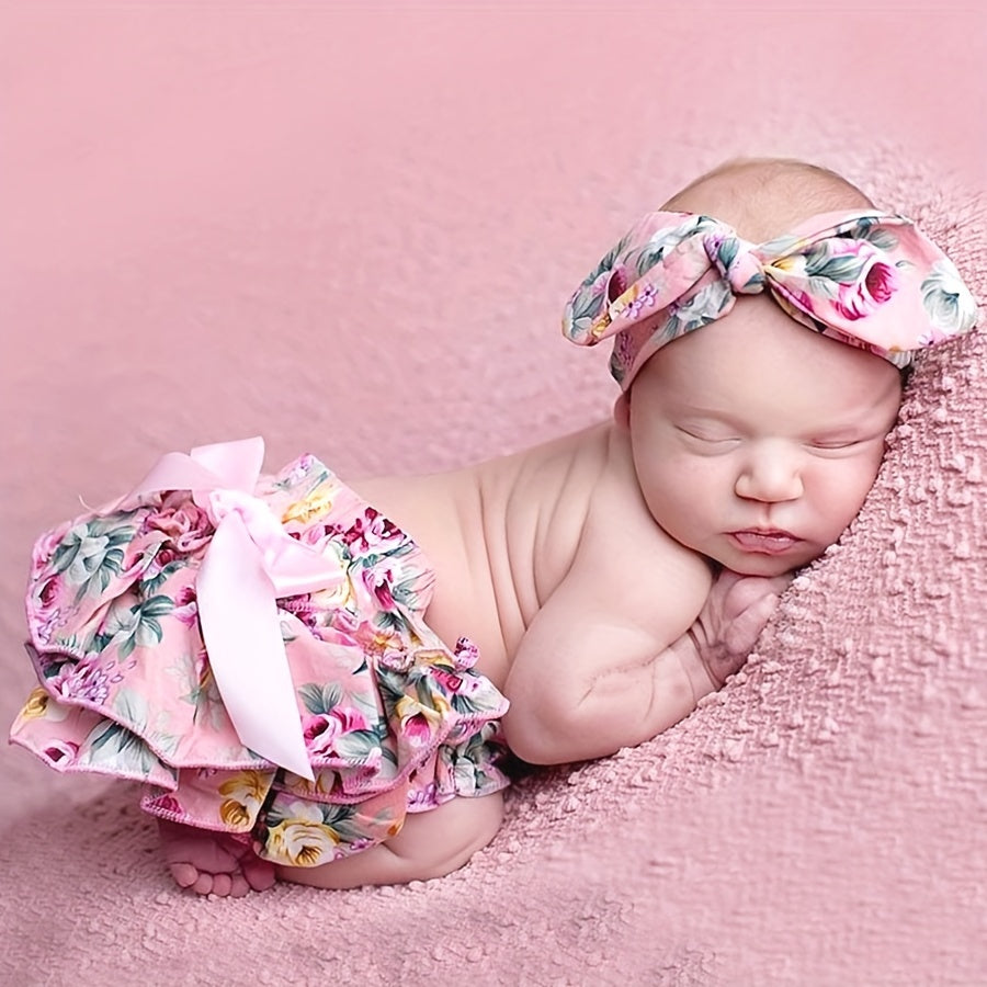 2pcs Baby Flower Pattern Shorts With Headband Set