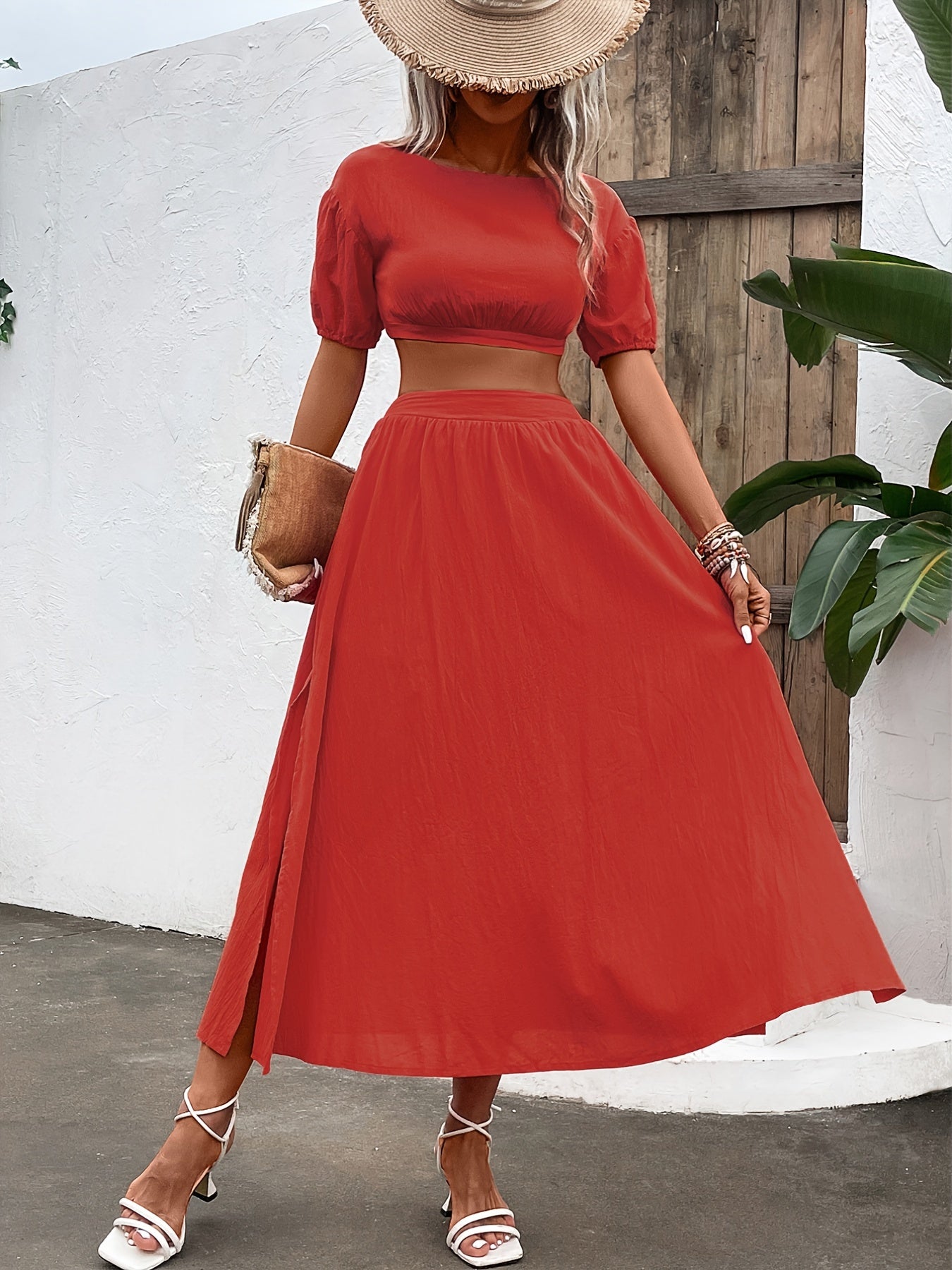 Solid Two Piece Set Crop Top & Split Skirt Outfit