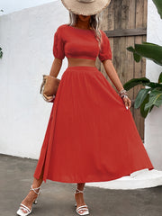 Solid Two Piece Set Crop Top & Split Skirt Outfit