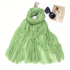 Solid Raw Trim Rushed Scarf Faux Pearl Decor Shawl Wrap
