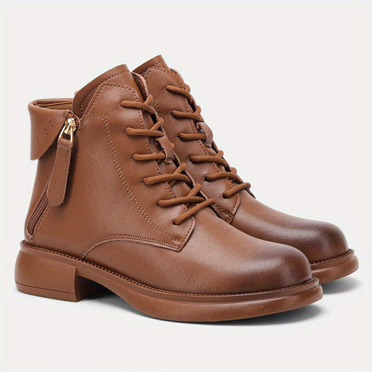 Women's Chunky Heel Lace-Up Boots Side Zipper Comfortable Outdoor