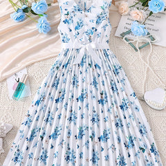 Floral Print Sleeveless Pleated Casual Midi Dress with Ruffle V Neck