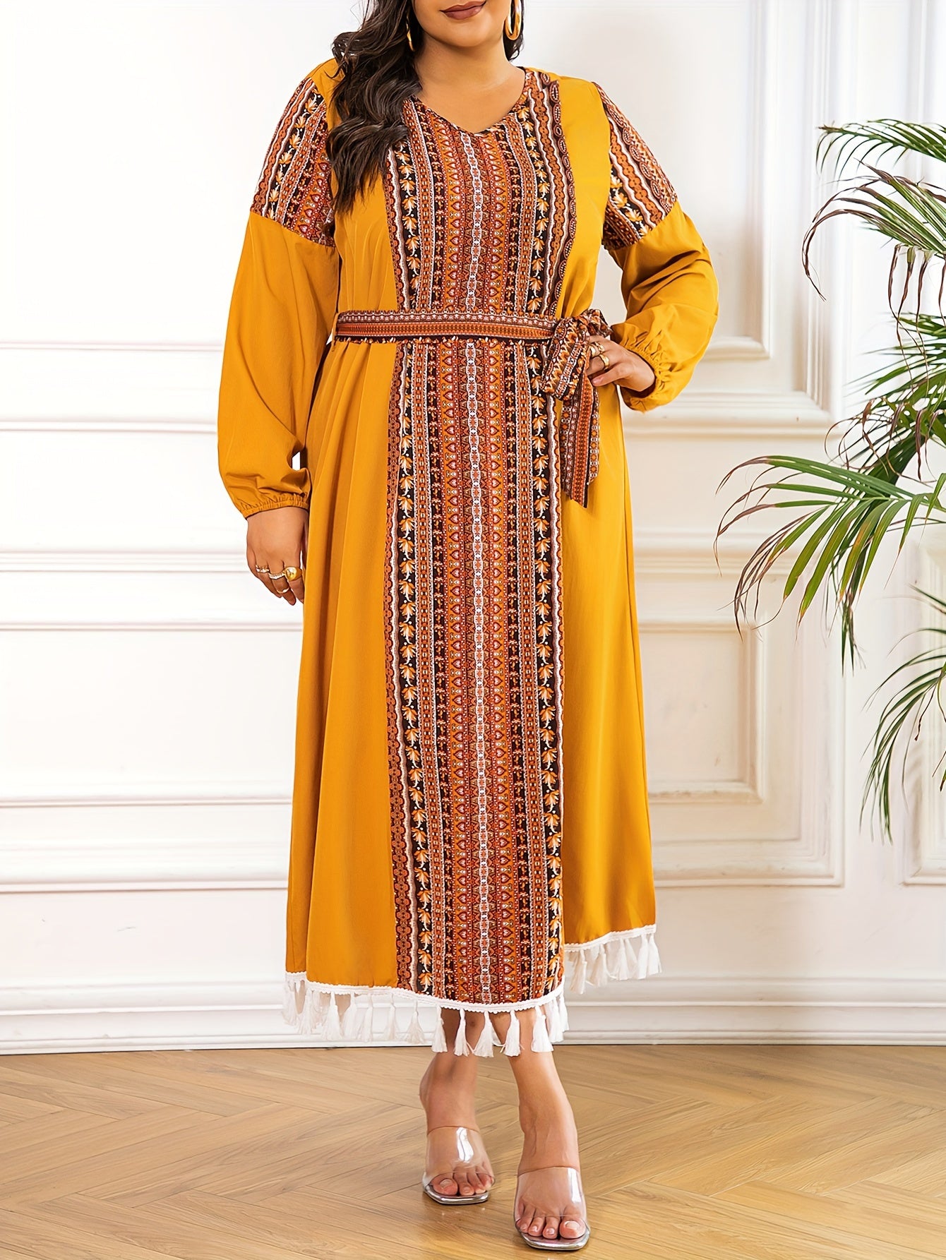  Colorblock Abaya Dress Geometric Print Tassel V Neck