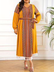  Colorblock Abaya Dress Geometric Print Tassel V Neck