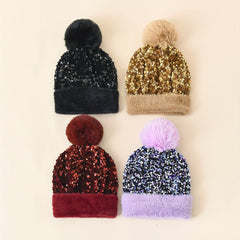 Sequins Pompom Decor Beanie Thick Warm Knit Hat Plush Coldproof Knit Beanie