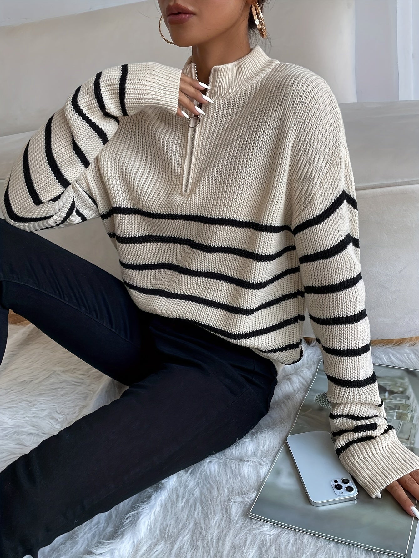  Stripe Print Zipper High Neck Jumper