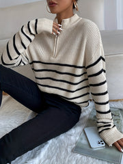  Stripe Print Zipper High Neck Jumper