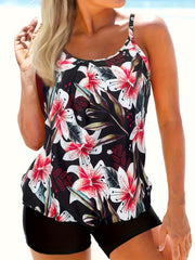  Floral Ribbed Tank Top & Solid Shorts Swimsuit Set