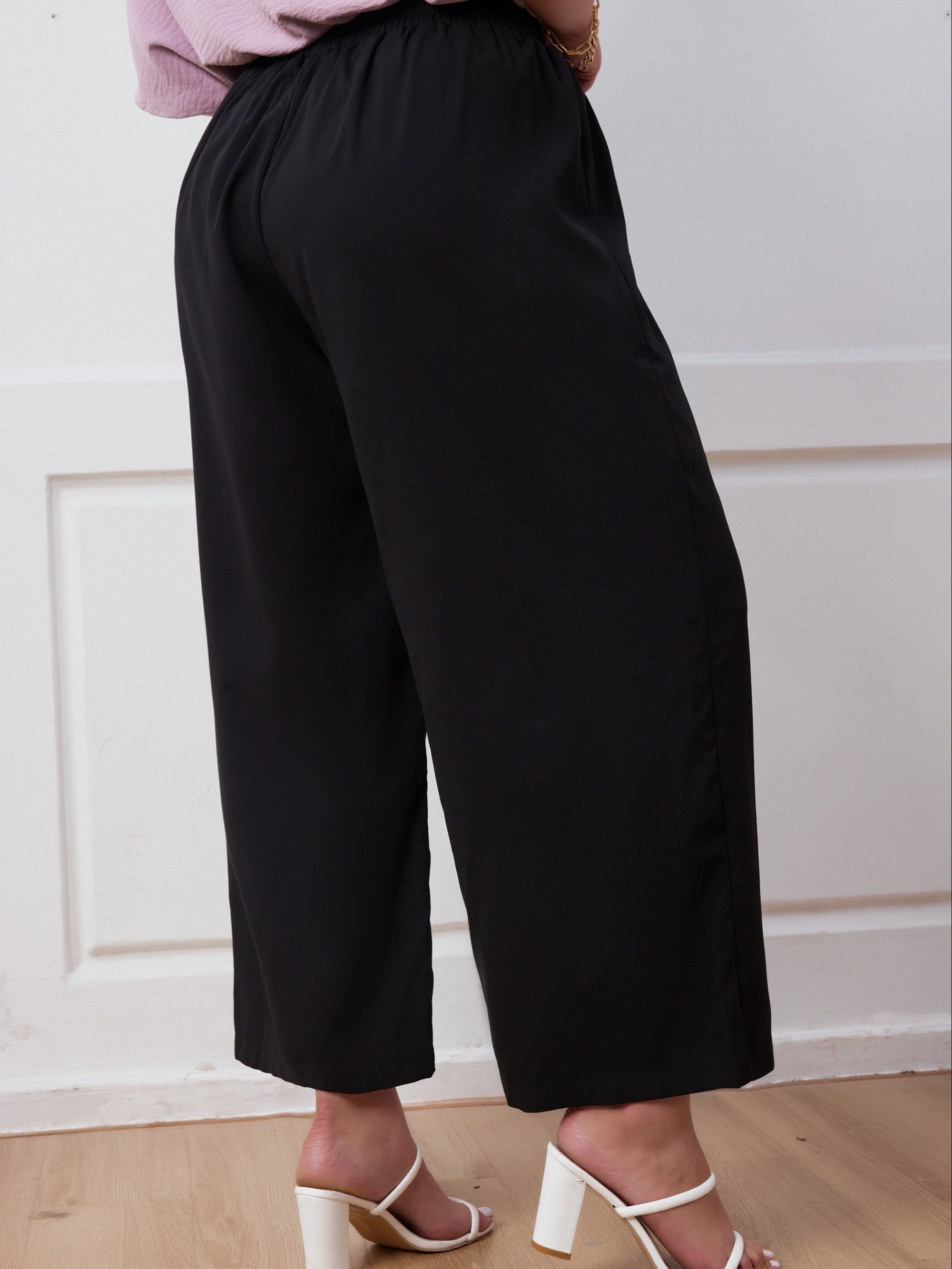  Solid Elastic Drawstring Wide Leg Pants