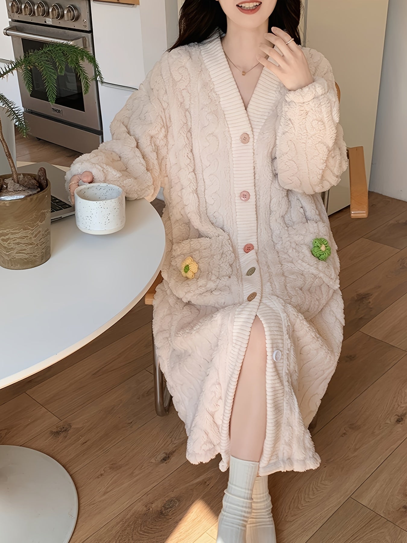 Floral Decor Fuzzy Night Robe Long Sleeve V Neck Buttons Robe With Pockets