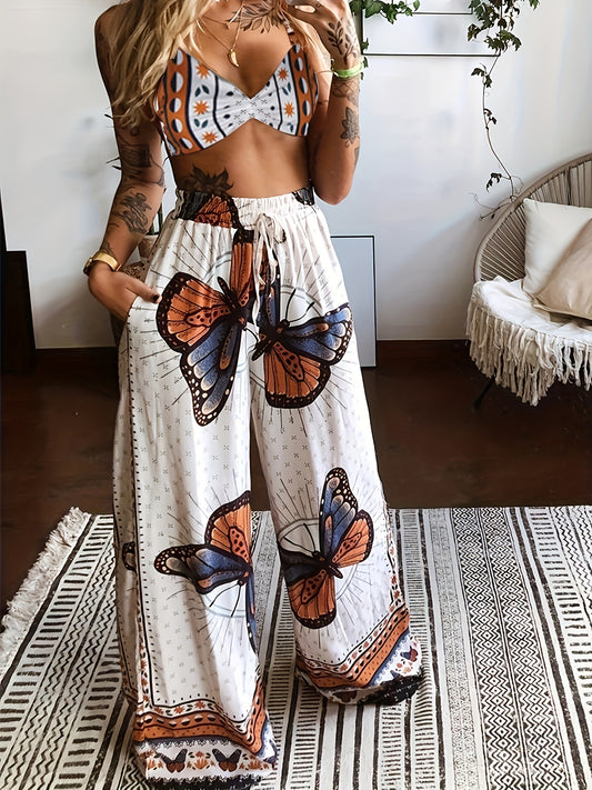 Floral Printed Bra Tops & Long Pants Suits Women's Night Out