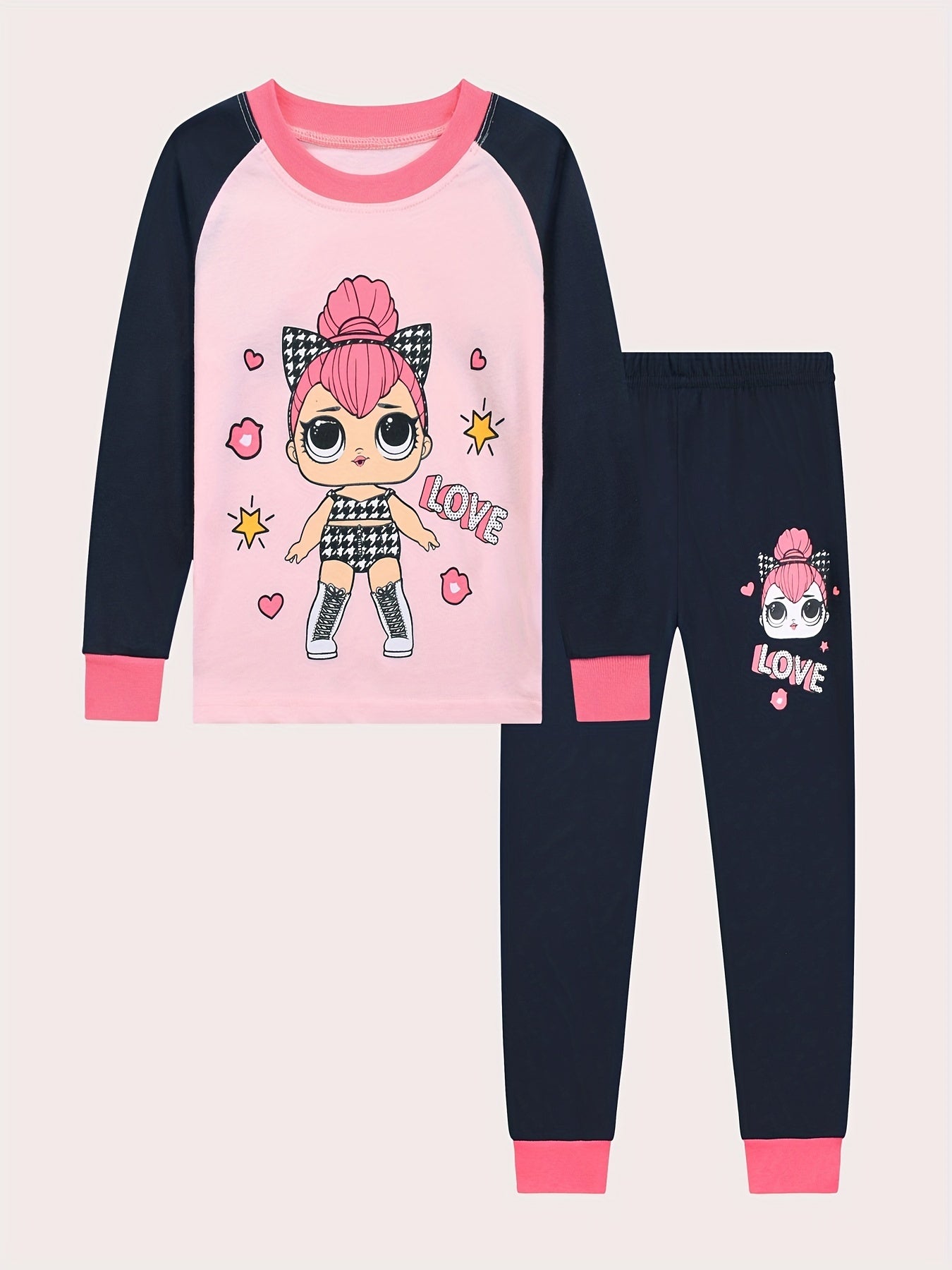 Cartoon Girl Pattern Kid's Pajamas 2pcs Top & Pants Set
