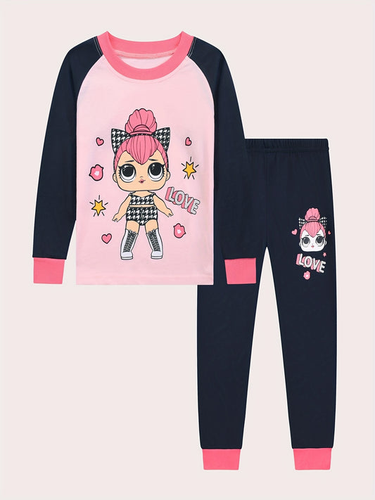Cartoon Girl Pattern Kid's Pajamas 2pcs Top & Pants Set