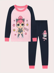 Cartoon Girl Pattern Kid's Pajamas 2pcs Top & Pants Set