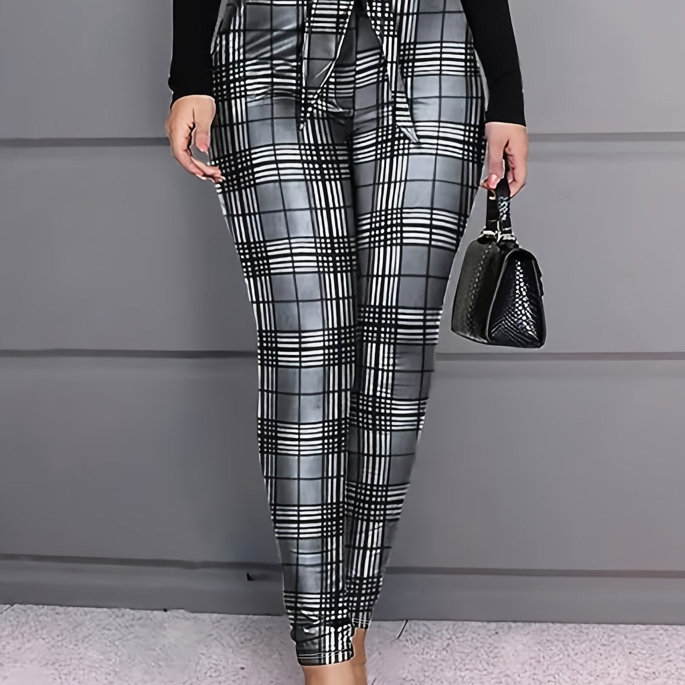 Plus Plaid Print Knot Front High Rise Straight Leg Trousers