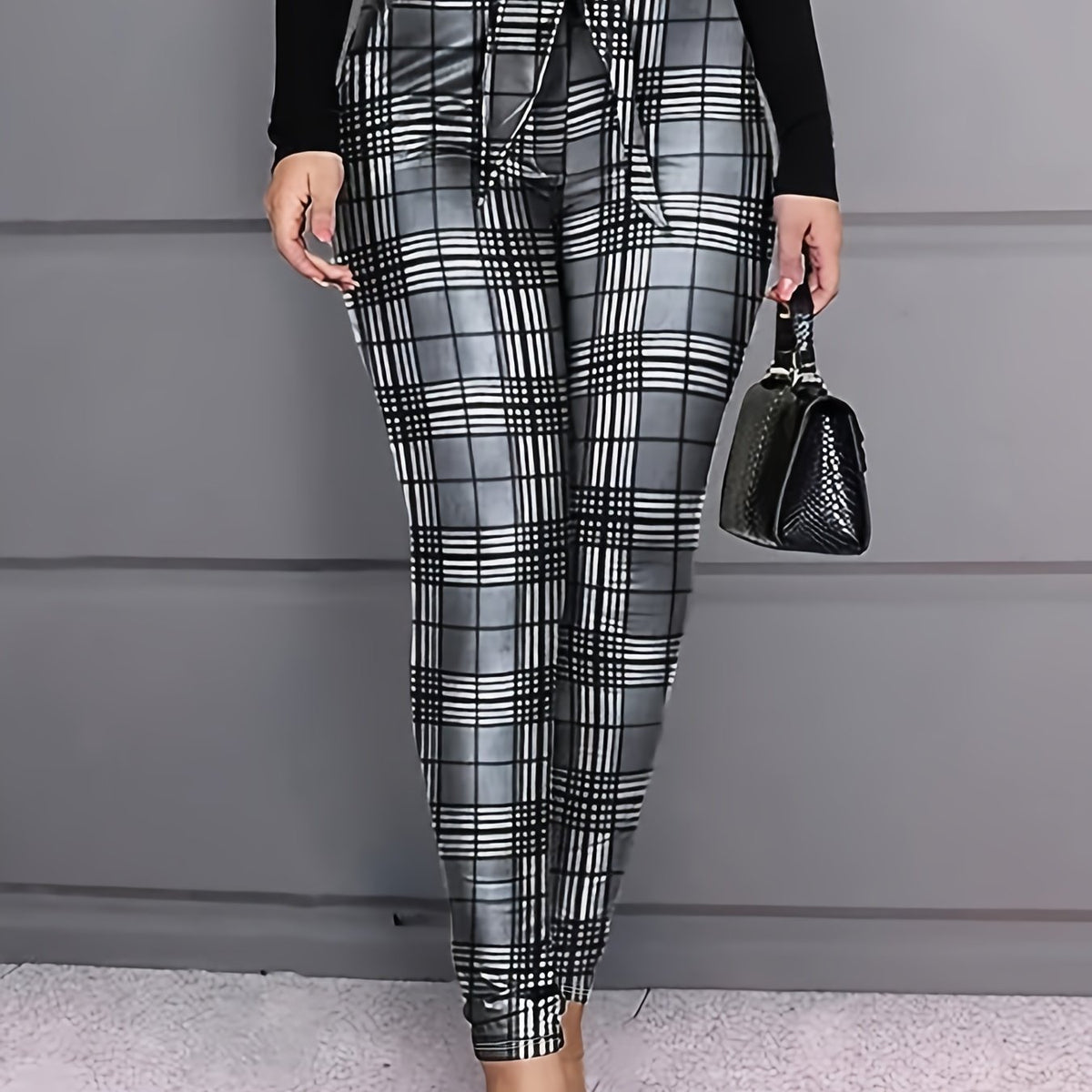 Plus Plaid Print Knot Front High Rise Straight Leg Trousers