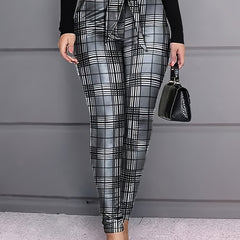 Plus Plaid Print Knot Front High Rise Straight Leg Trousers