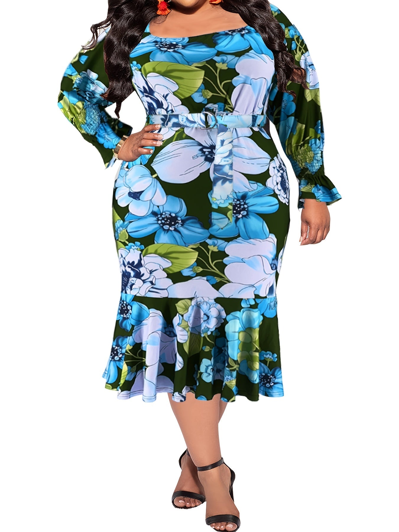 Floral Print Flounce Sleeve Square Neck Midi Dress