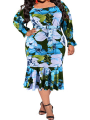 Floral Print Flounce Sleeve Square Neck Midi Dress