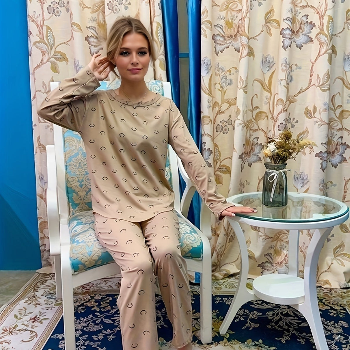 Smiling Print Lounge Set Crew Neck Top & Pants Women's Loungewear
