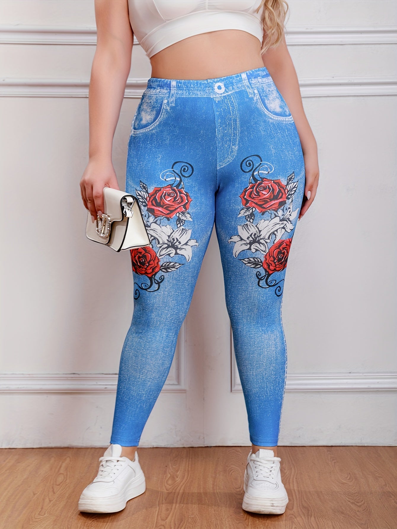  Denim & Rose Print High Stretch Skinny Leggings