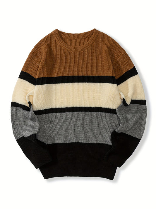 Men's Knitted Block Sweater Casual Crew Neck Pullover