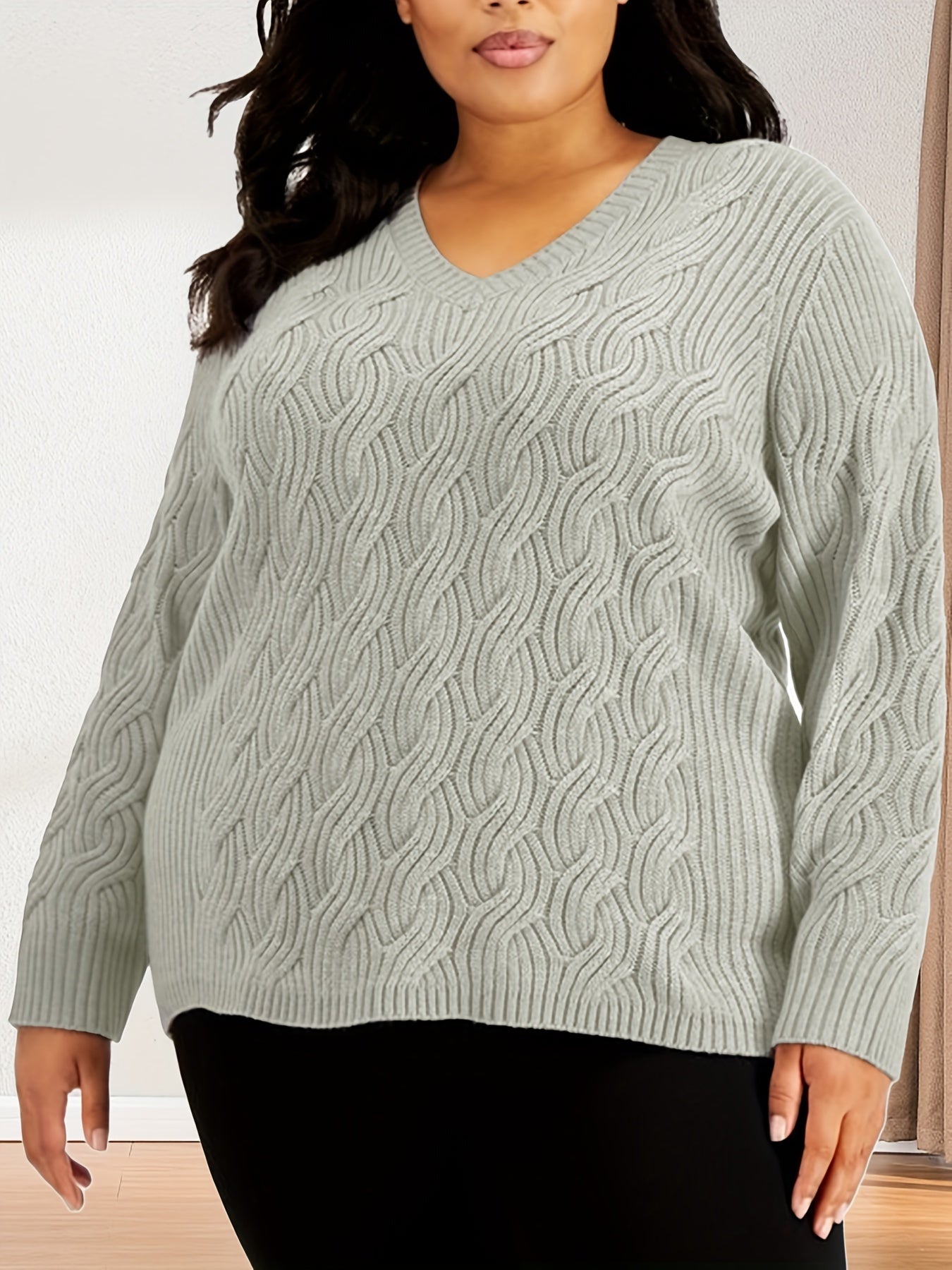  Solid Cable Long Sleeve Sweater V Neck Jumper