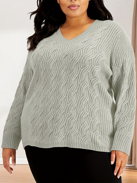  Solid Cable Long Sleeve Sweater V Neck Jumper