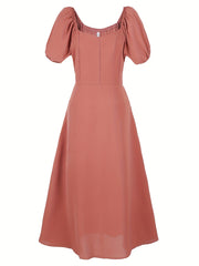  Solid Bubble Sleeve Sweetheart Neck Dress