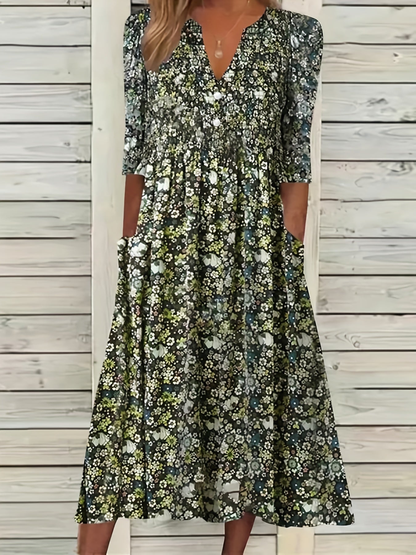 Floral Print V Neck Ruched Dress with Pockets