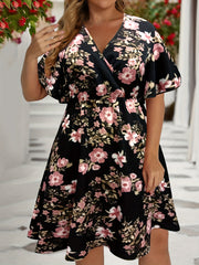  Floral Print Flutter Sleeve Surplice Neck Dress