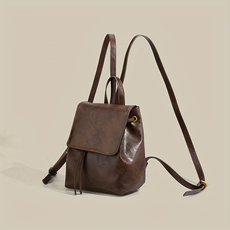 Small Drawstring Flap Backpack PU Leather Textured School Backpack