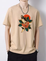 Flower & Shark Pattern Men's Cotton Crew Neck T-shirt