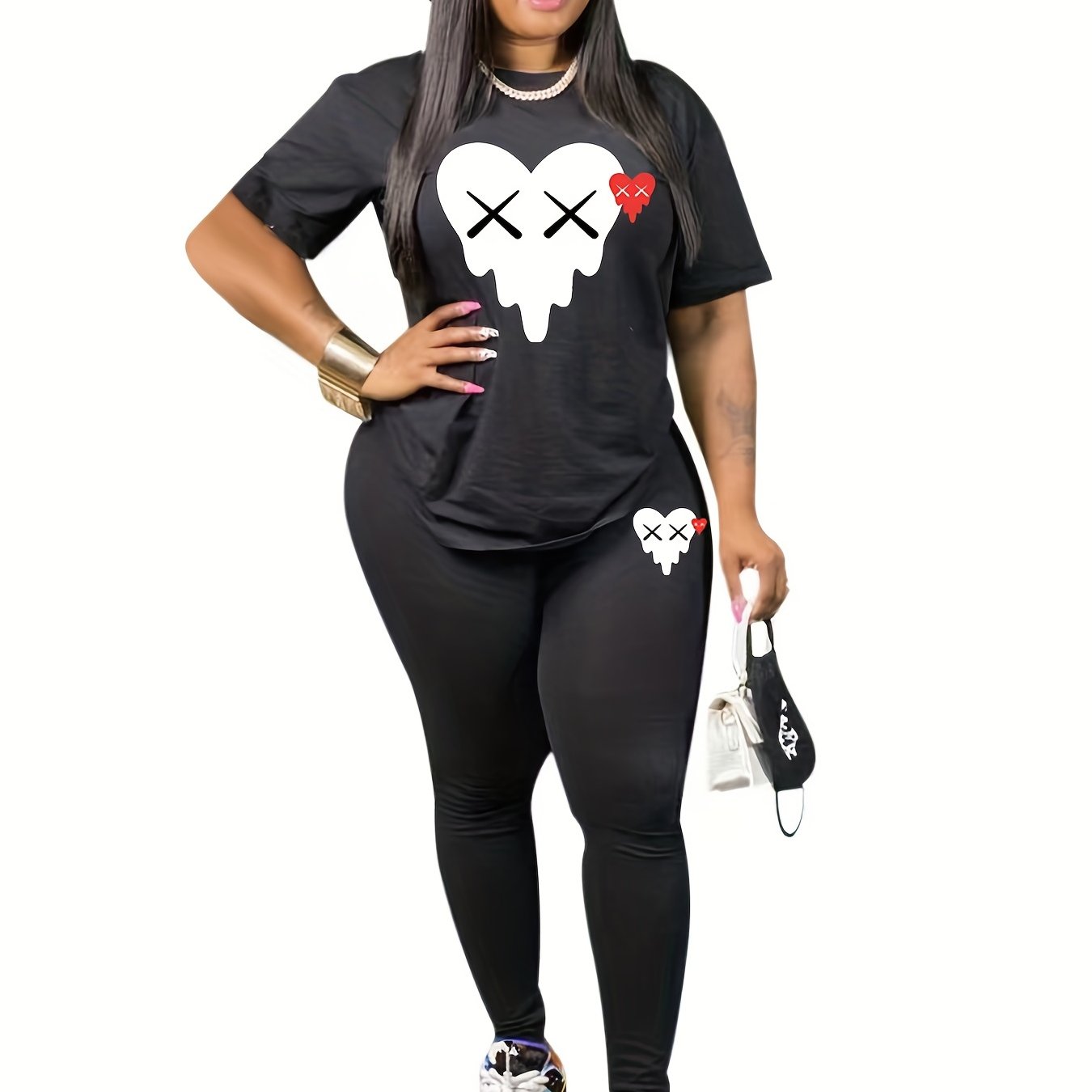 Women's Plus Heart Print Top & Pants Set