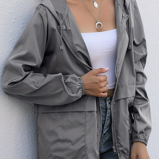 Casual Hooded Jacket Drawstring Solid Long Sleeve